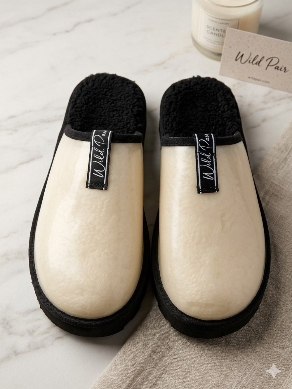 Wild Pair Cream Faux-Fur Lined Slip-On Slides with Black Trim